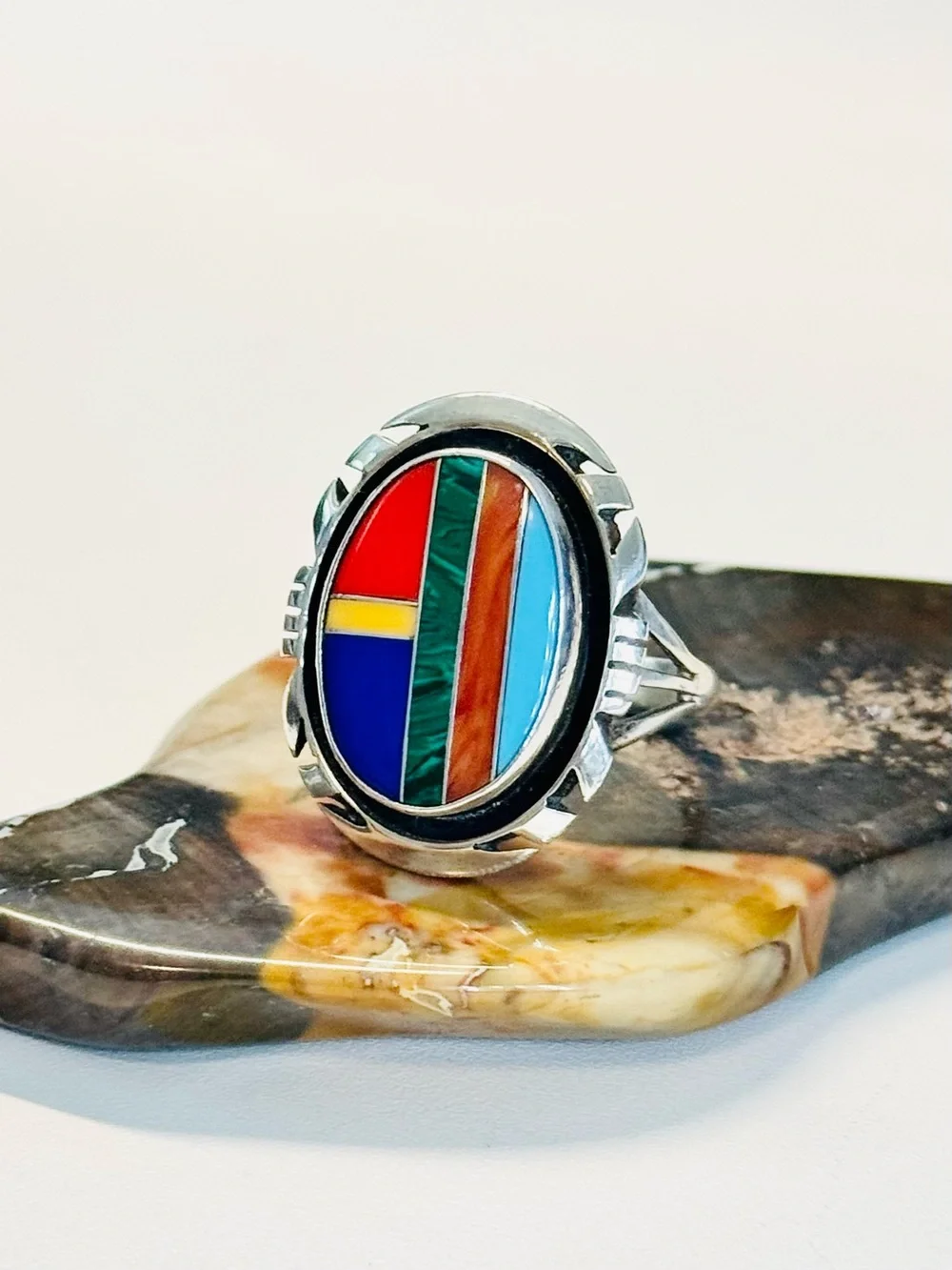 Vtg Navajo Sterling Multi Stone Inlay Ring (7)